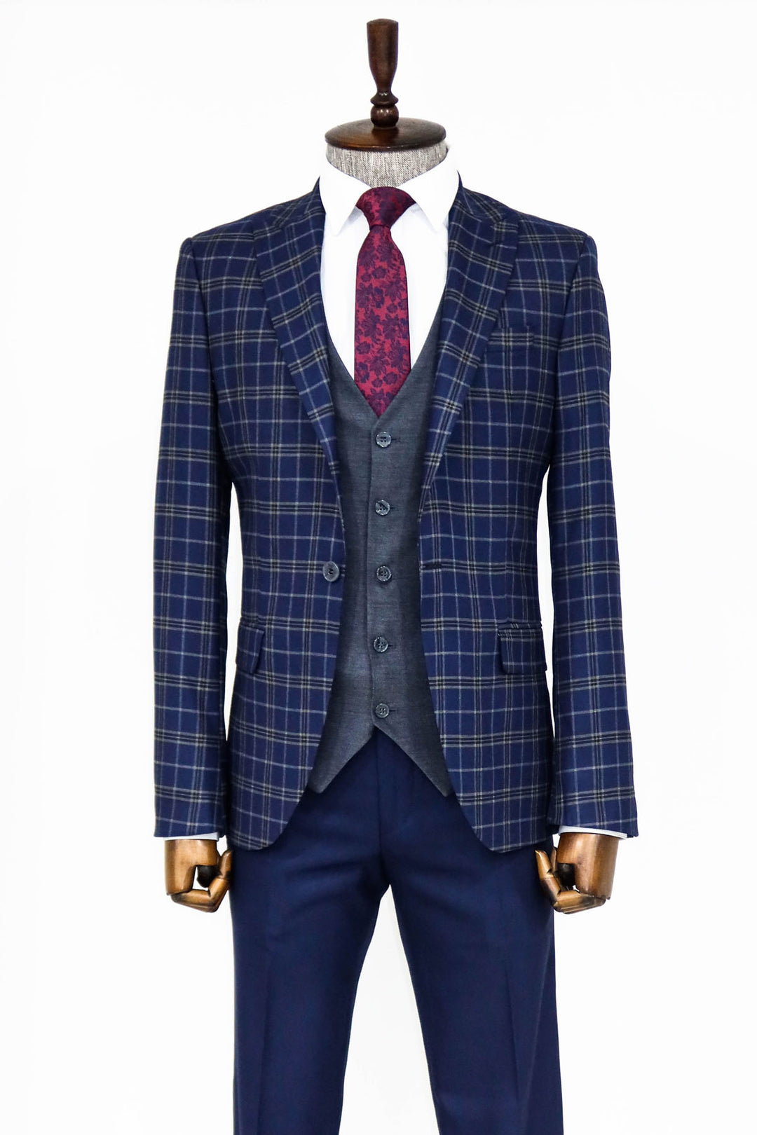Blue Vested Slim Fit Checked Navy Blue Men Suit and Shirt Combination- Wessi