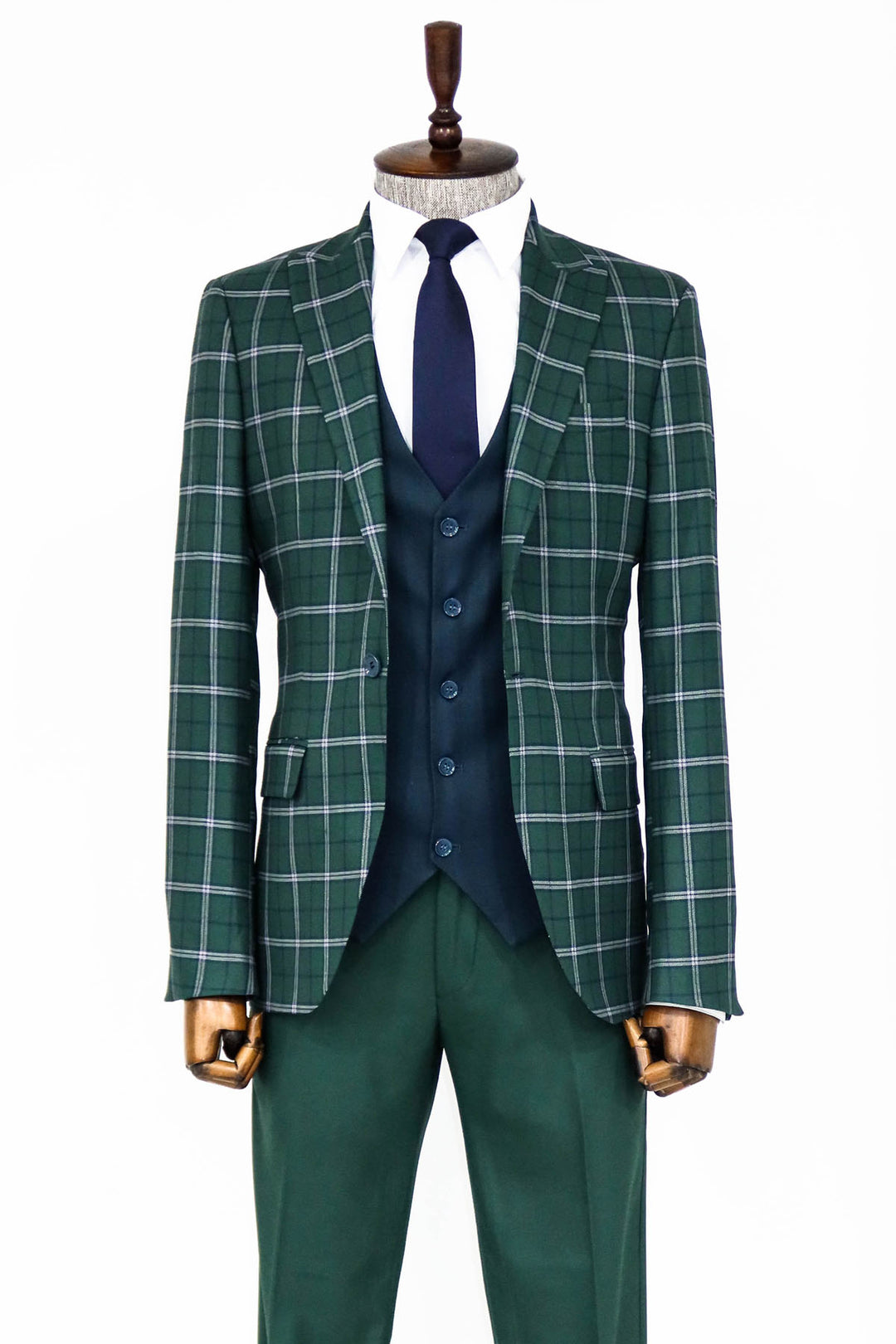Blue Vested Slim Fit Checked Green Men Suit and Shirt Combination- Wessi