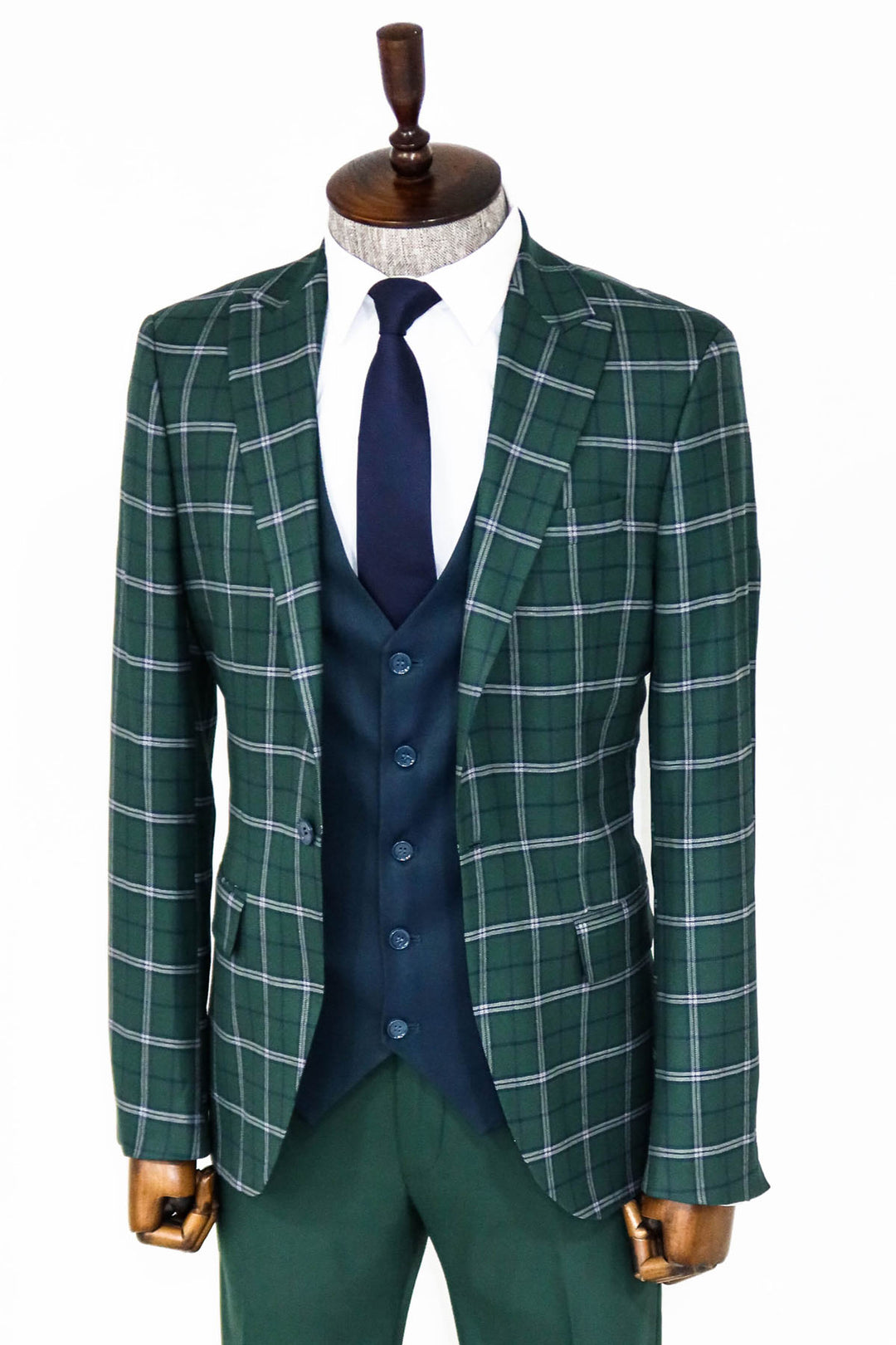 Blue Vested Slim Fit Checked Green Men Suit and Shirt Combination- Wessi