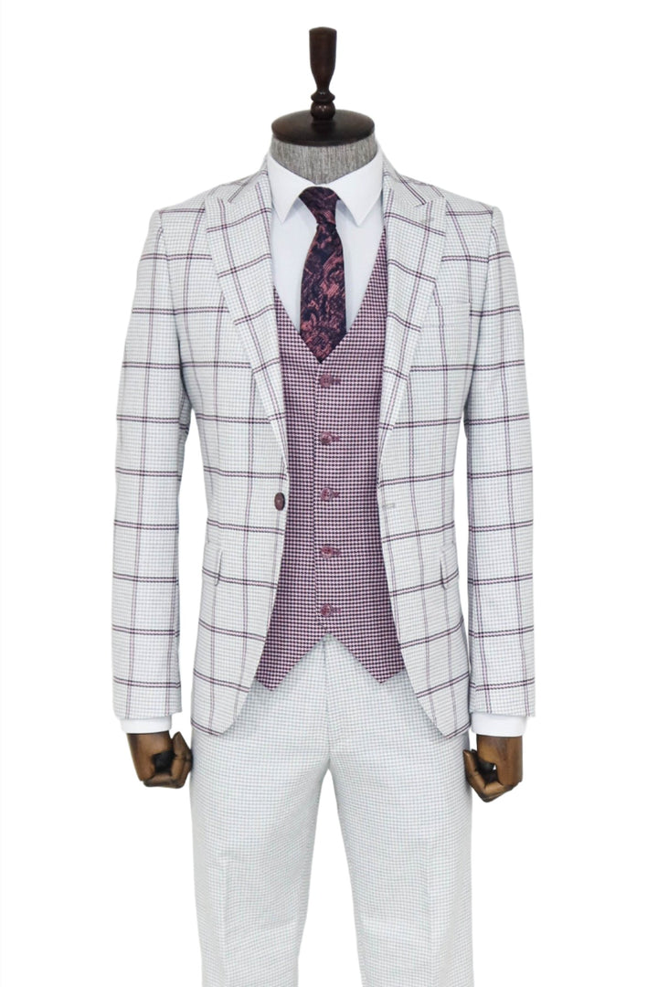 Checked Patterned Vested Light Grey Men Suit and Shirt Combination - Wessi