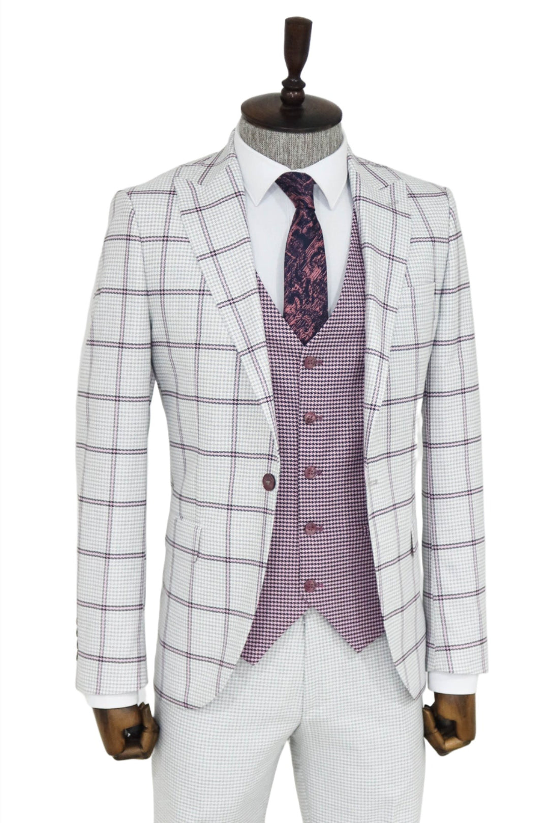 Checked Patterned Vested Light Grey Men Suit and Shirt Combination - Wessi