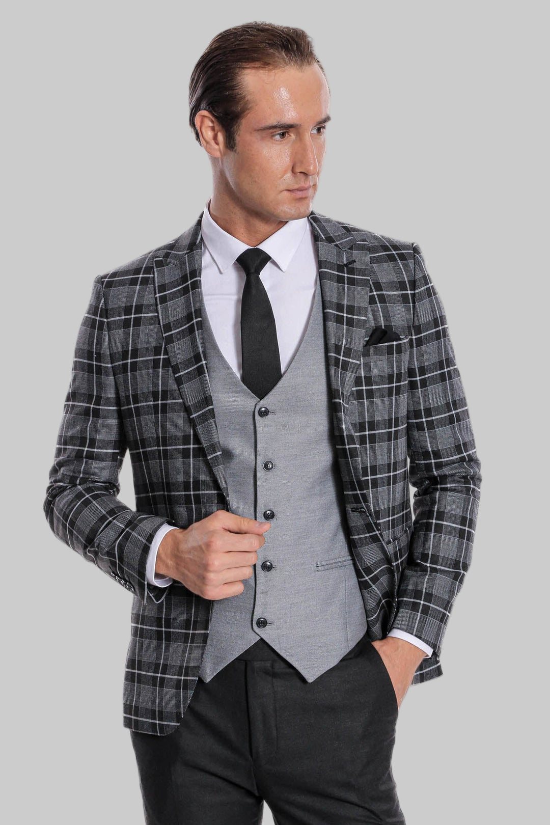 بدلة رجالية سوداء منقوشة بقصّة Slim Fit - Wessi