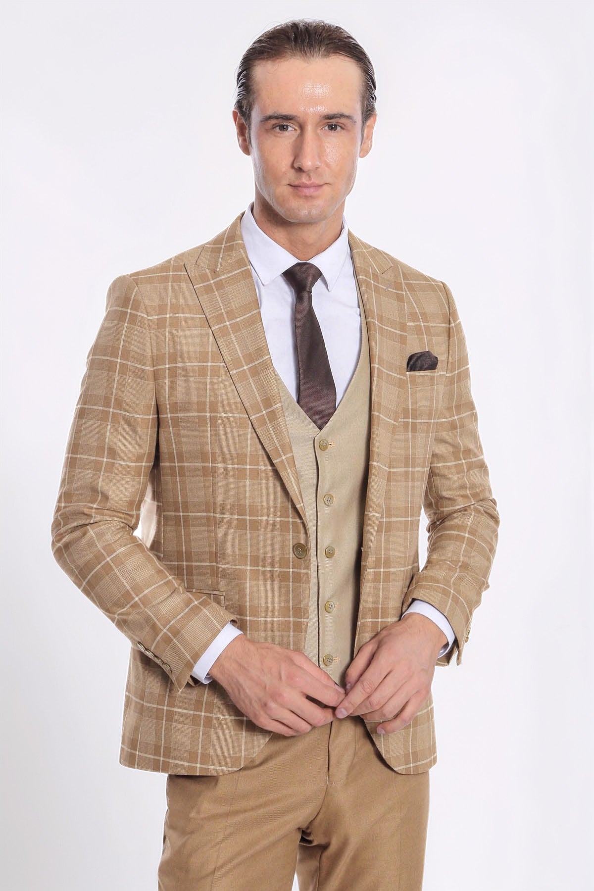Beige Checked 3-Piece Suit | Wessi Men