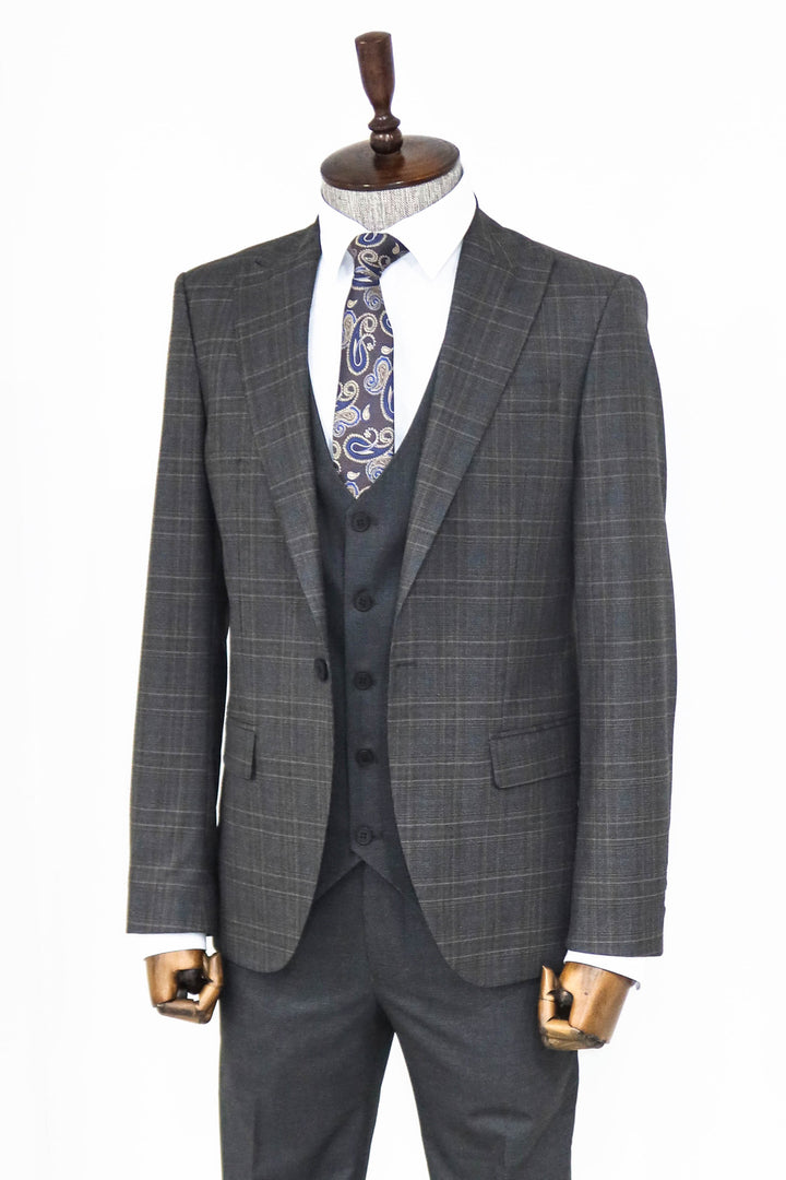 Checked Slim Fit Anthracite Men Suit and Shirt Combination - Wessi