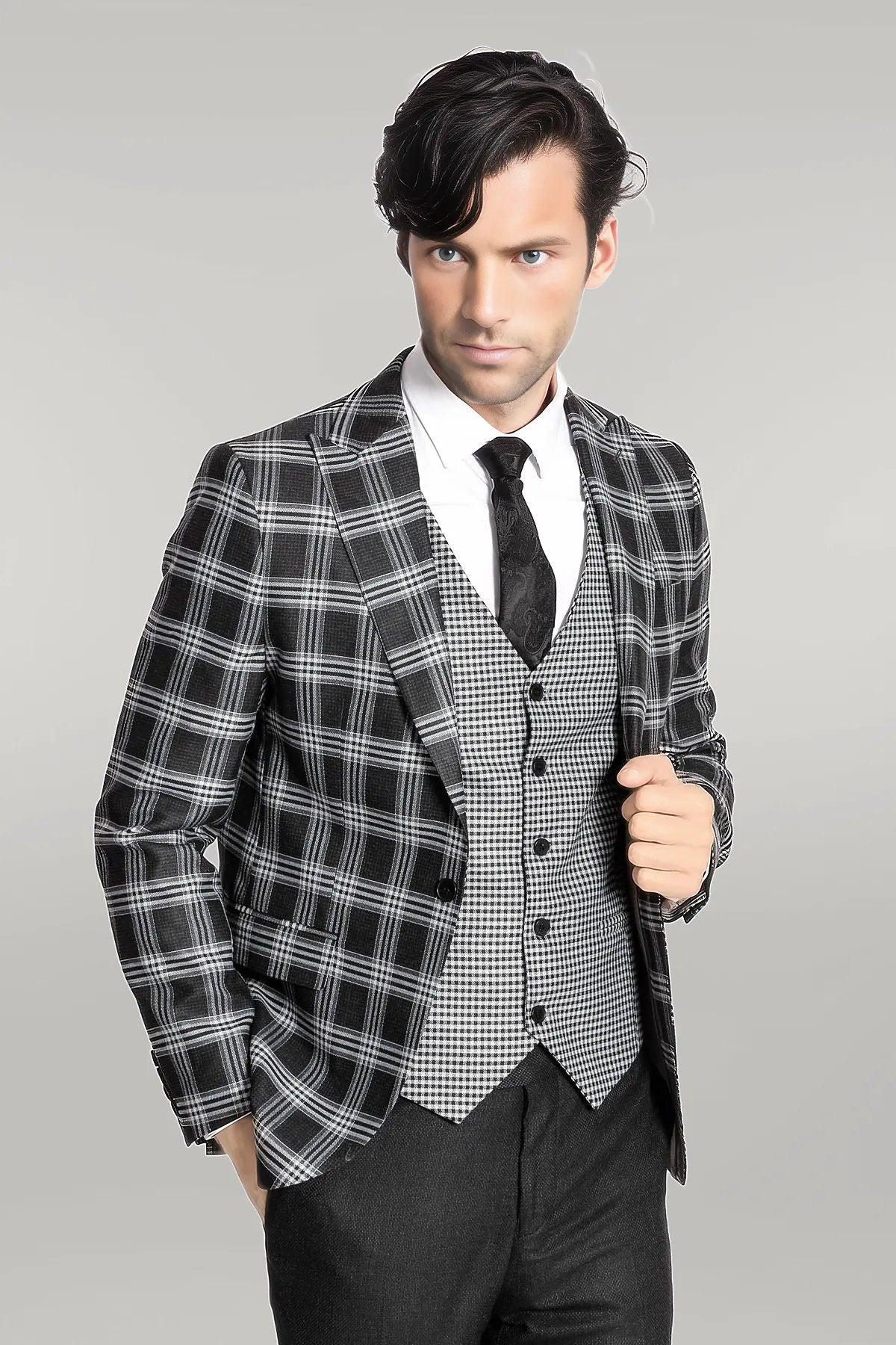 Men's Black Plaid Pattern Slim Fit Polyester Blend Checkered Suit main image 1
