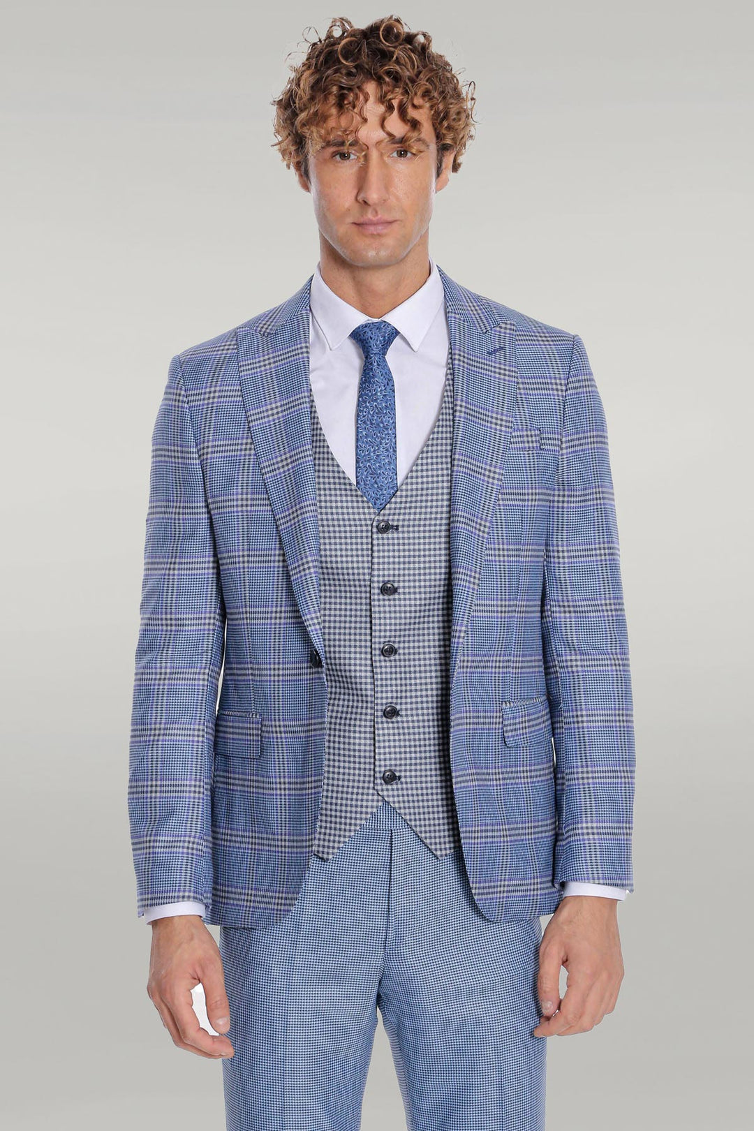 Traje de hombre azul slim fit cuadros estampado - Wessi