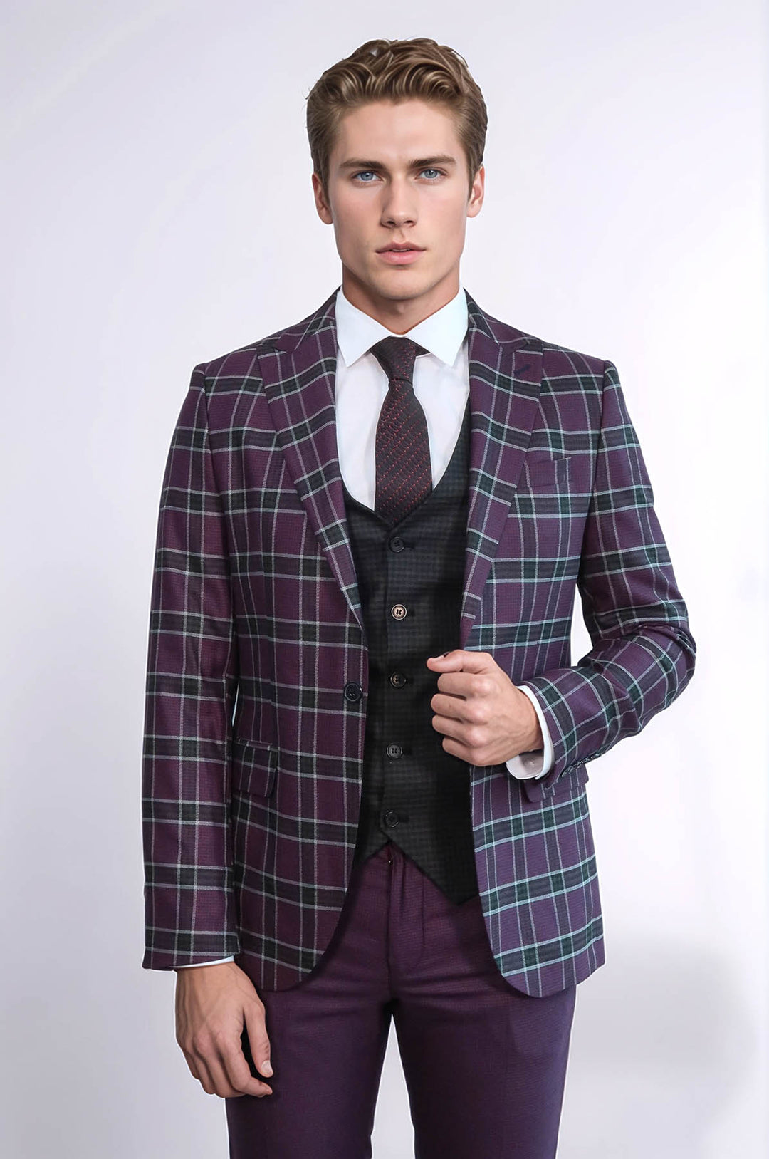 بدلة رجالية بقصة ضيقة منقوشة باللون العنابي - Wessi