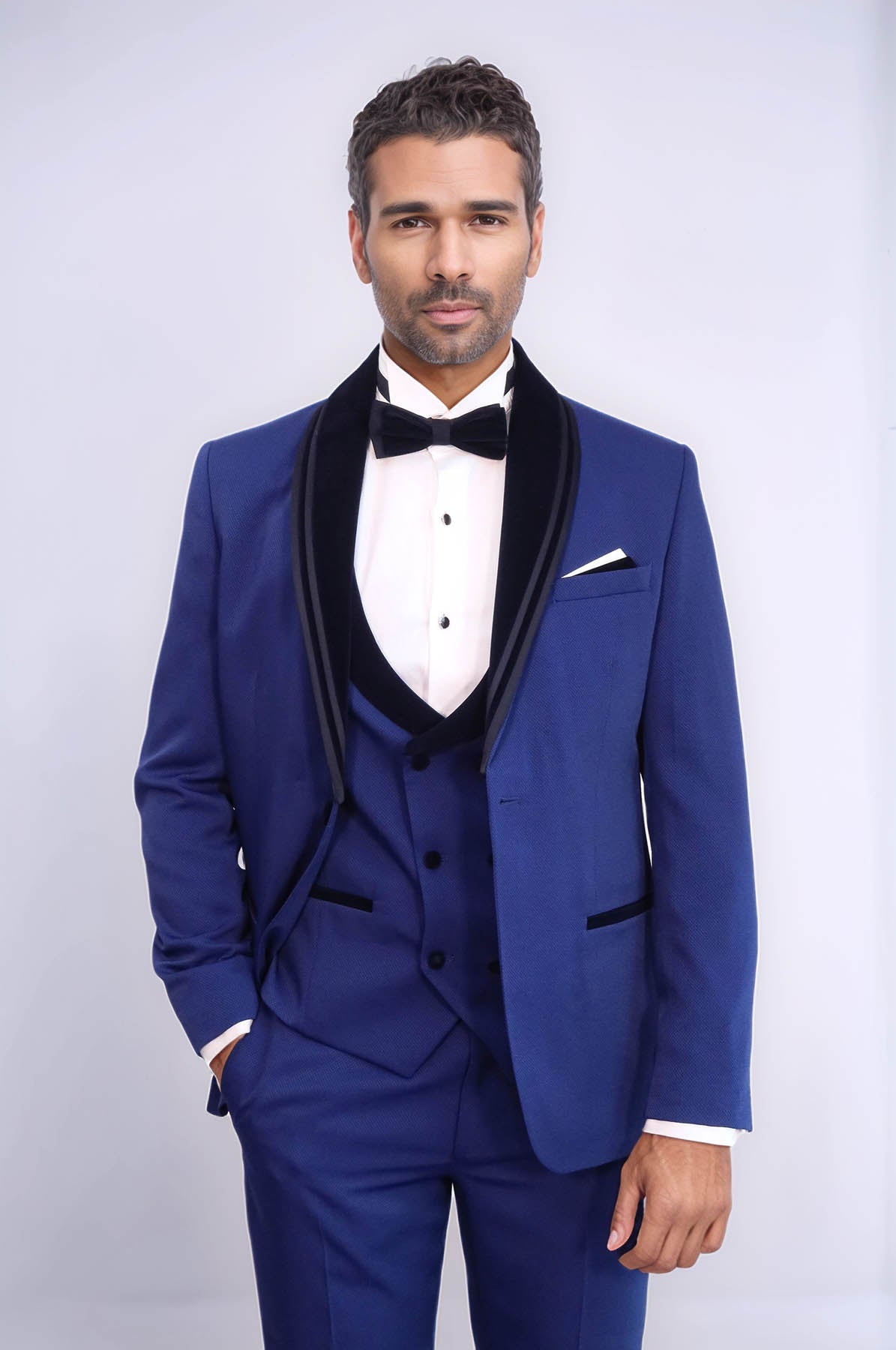 3 Piece Trim Detailed Self-Patterned Velvet Shawl Collar Royal Blue Me –  Wessi