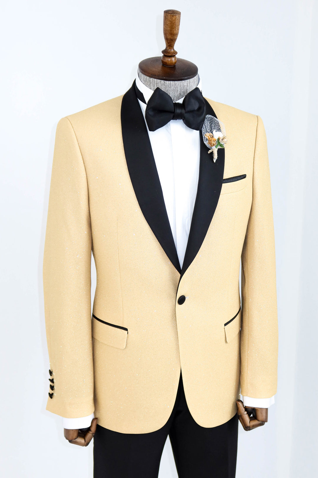 Yellow Shawl Lapel Sparkly Tuxedo Jacket and Trousers Combination - Wessi