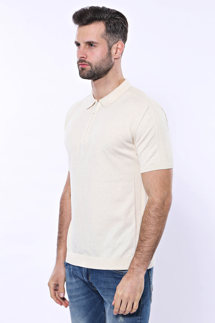 Polo Neck Plain Cream Knitted T-Shirt - Wessi