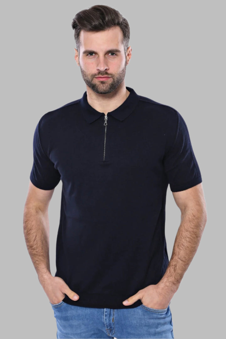 Camiseta Hombre Polo Neck Plain Navy De Punto Azul - Wessi