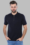 Polo Neck Plain Navy Knitted Blue Men T-Shirt - Wessi