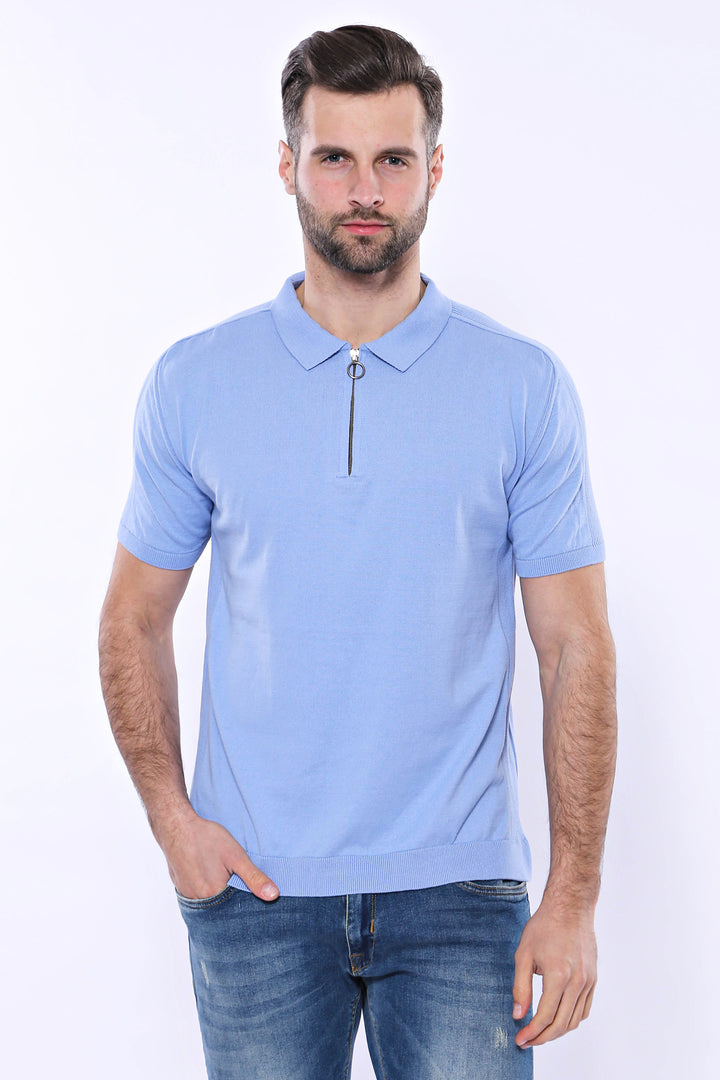 Camiseta Punto Cuello Polo Liso Azul Cielo - Wessi