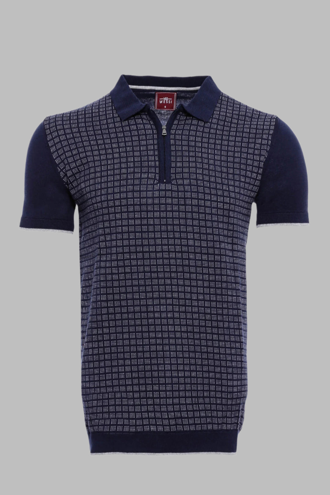 Camiseta polo de punto con cremallera a cuadros azul marino | wess