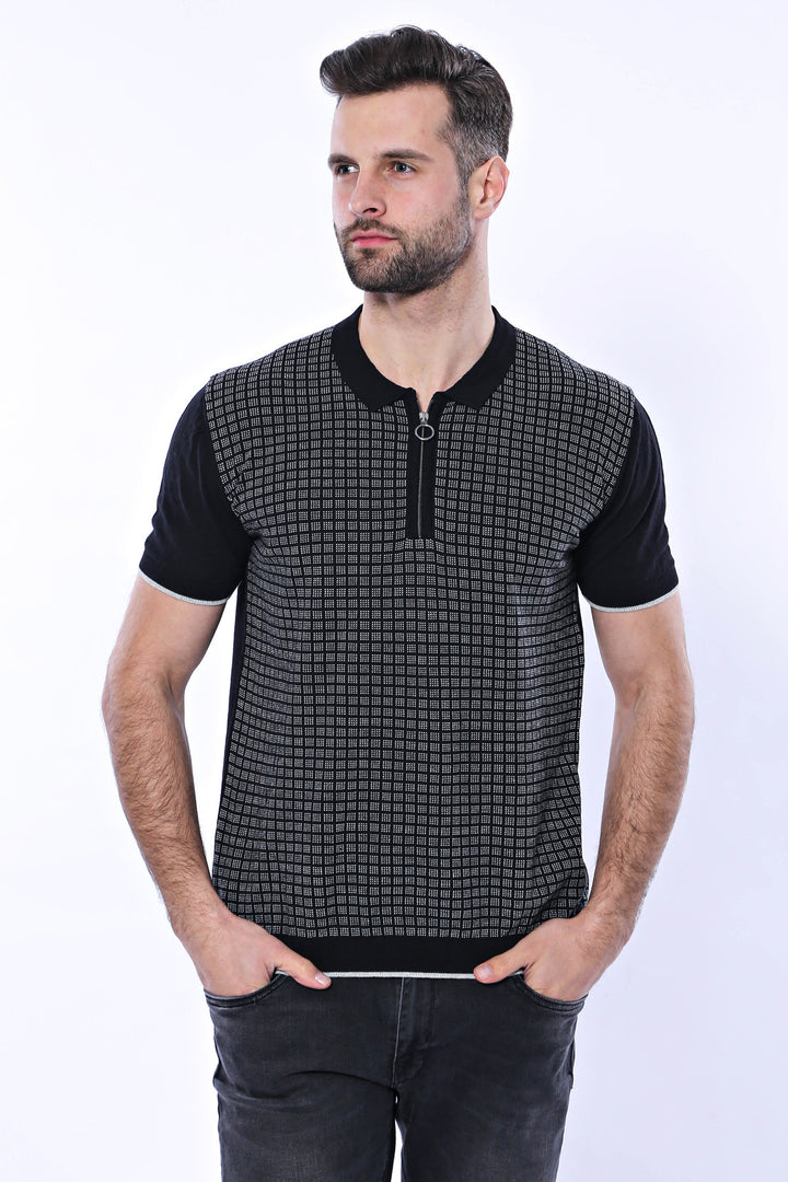 T-shirt polo lavorata a maglia con cerniera scozzese nera | Wess
