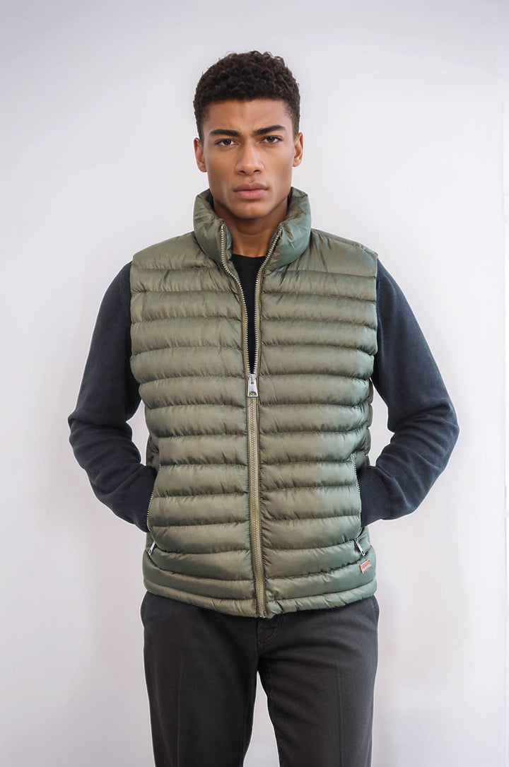 Quilted Zippered Khaki Men Down Vest - Wessi