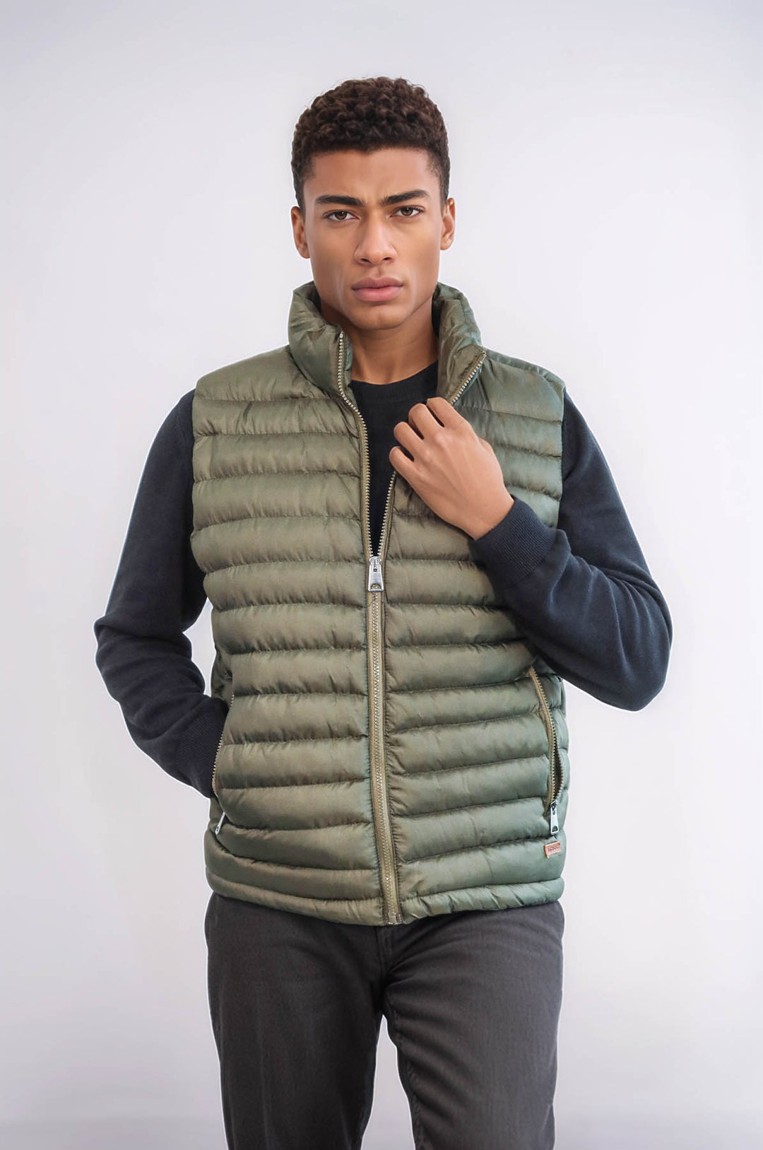 Quilted Zippered Khaki Men Down Vest - Wessi