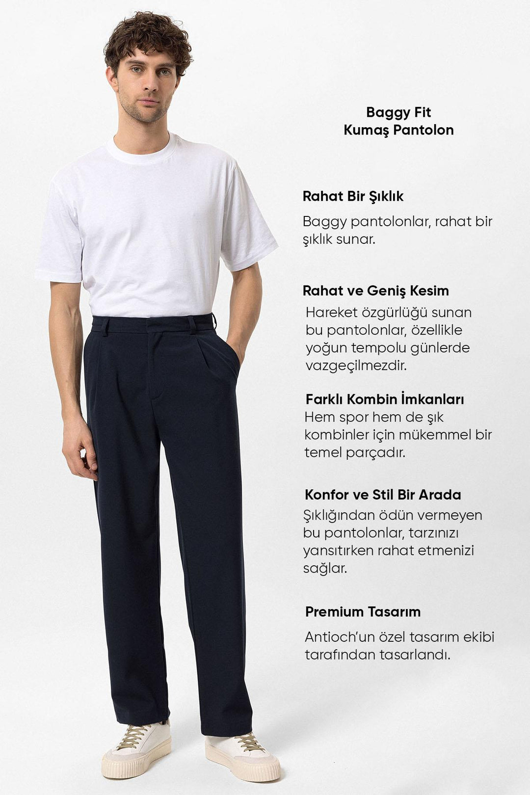 Men's Navy Blue High-Waisted Baggy  Pants - Wessi