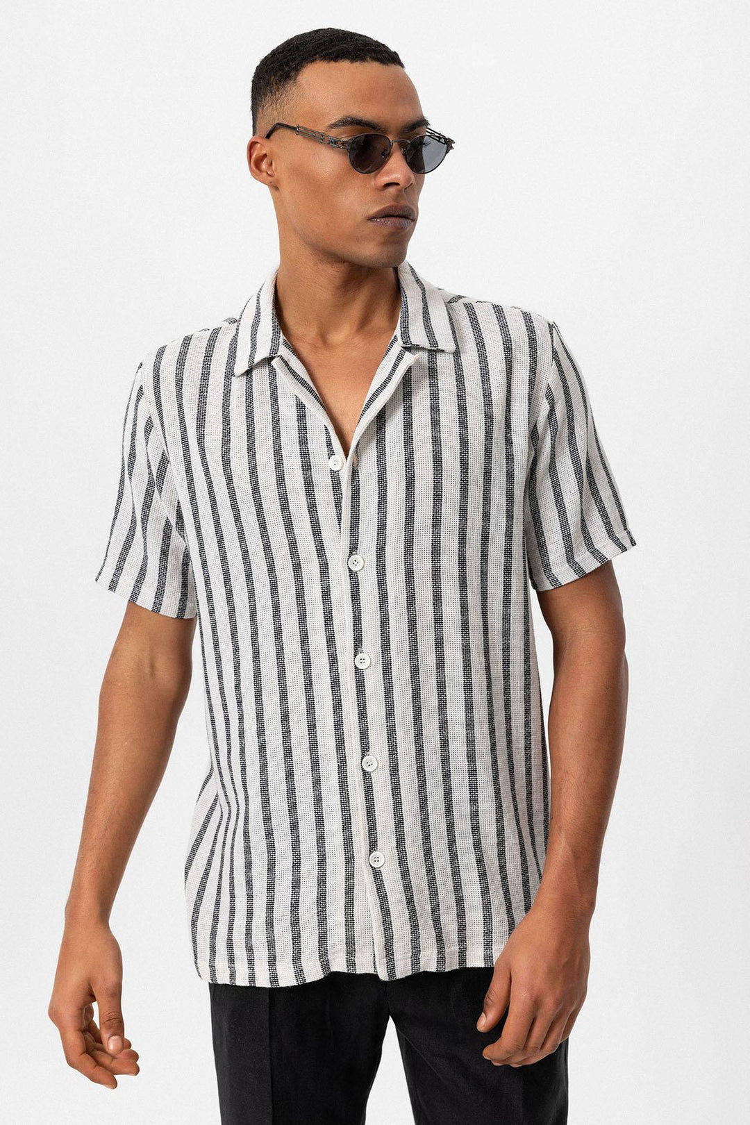 Men's Black Camp Collar Knit Short-Sleeve Shirt - Wessi