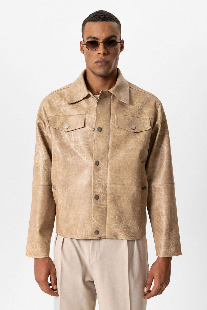 Beige Giacca da Uomo in Ecopelle Slim Fit - Wessi