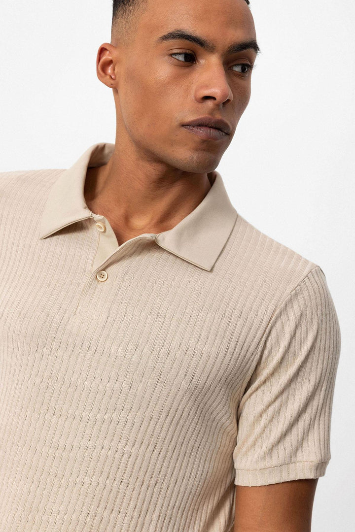 Men's Beige Slim Fit Polo Collar T-Shirt - Wessi