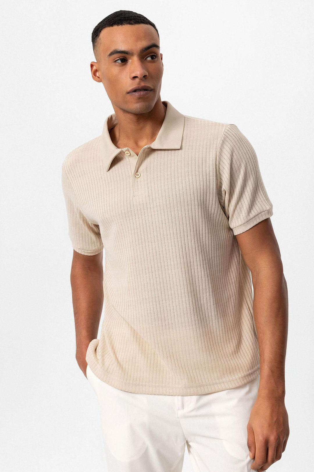 Men's Beige Slim Fit Polo Collar T-Shirt - Wessi