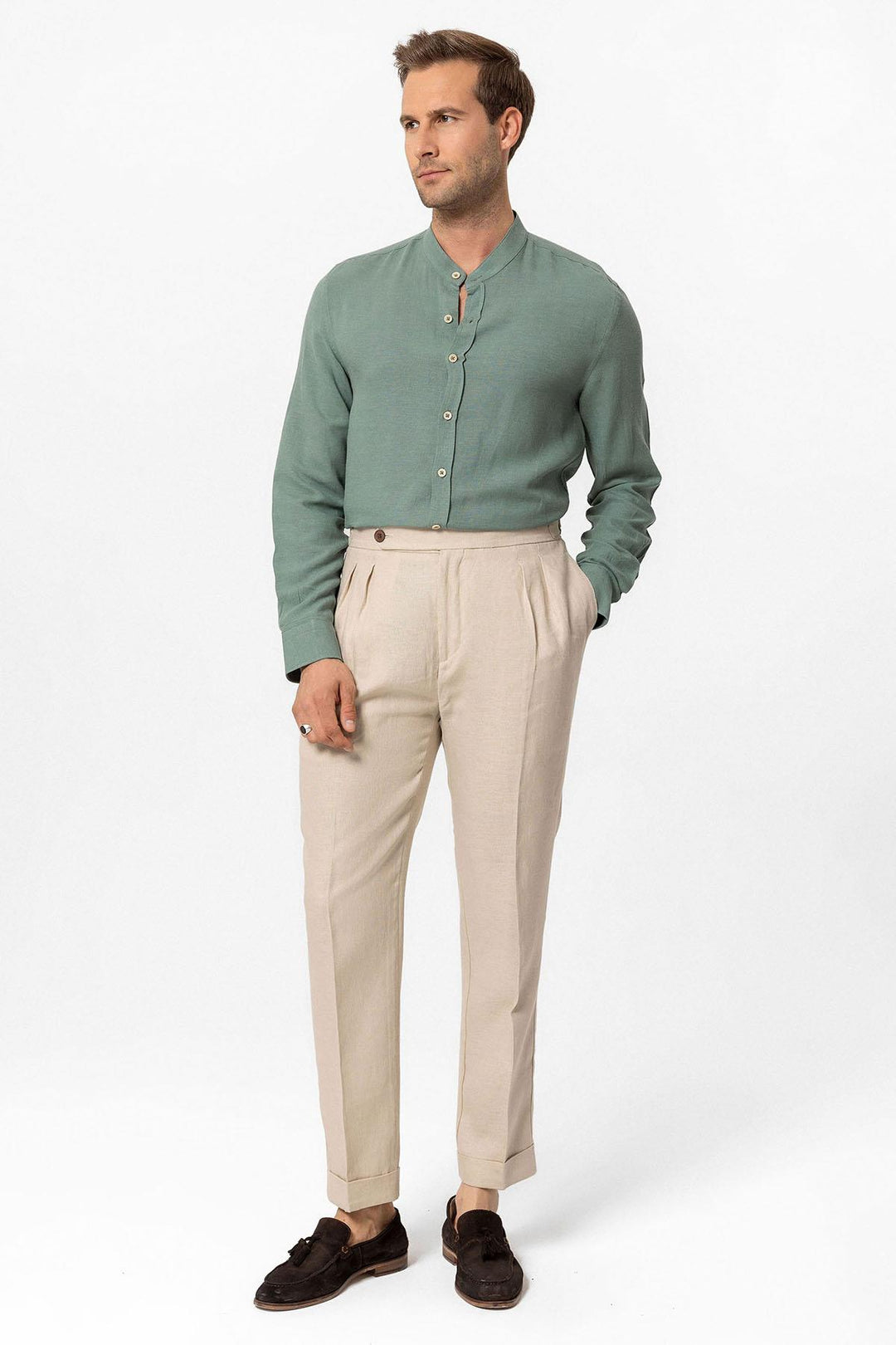 بنطال رجالي بيج عالي الخصر كتان 100% بطيات - ويسي