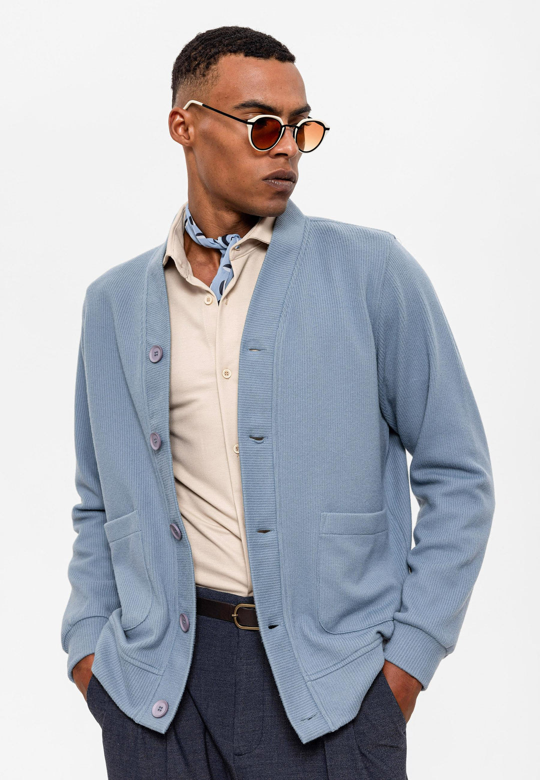 Cardigan da uomo con scollo a V blu baby con elastico in vita - Wessi