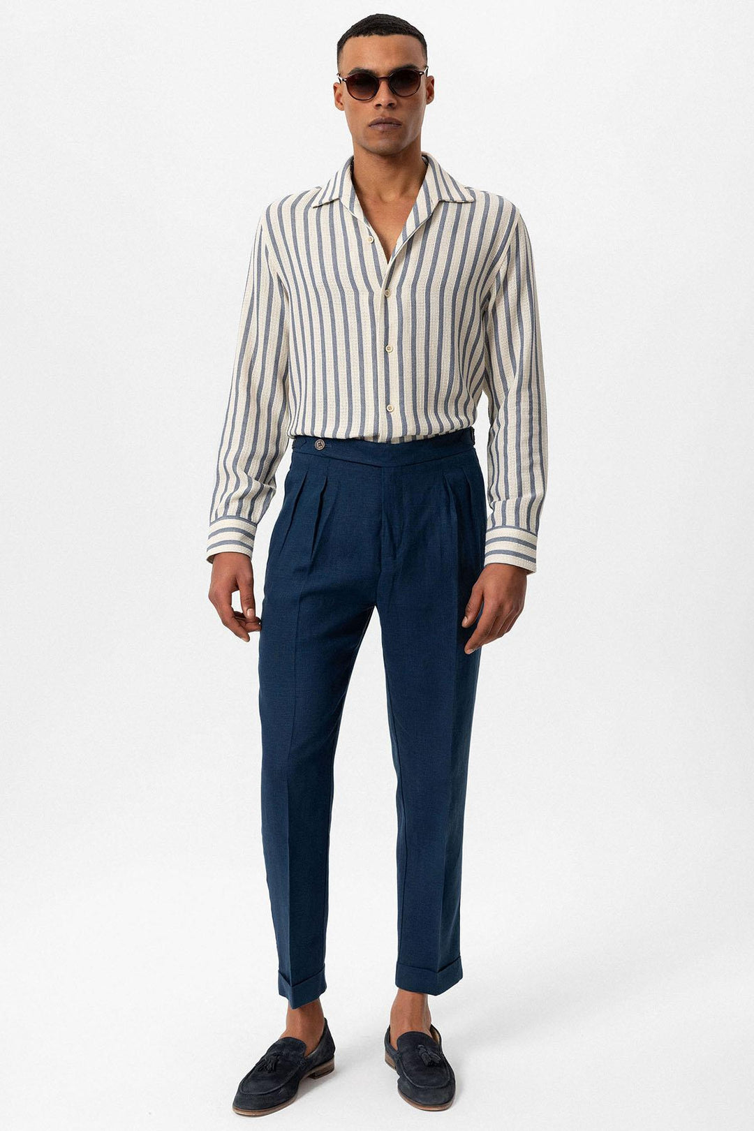 قميص رجالي طويل الأكمام مخطط باللون النيلي - Wessi