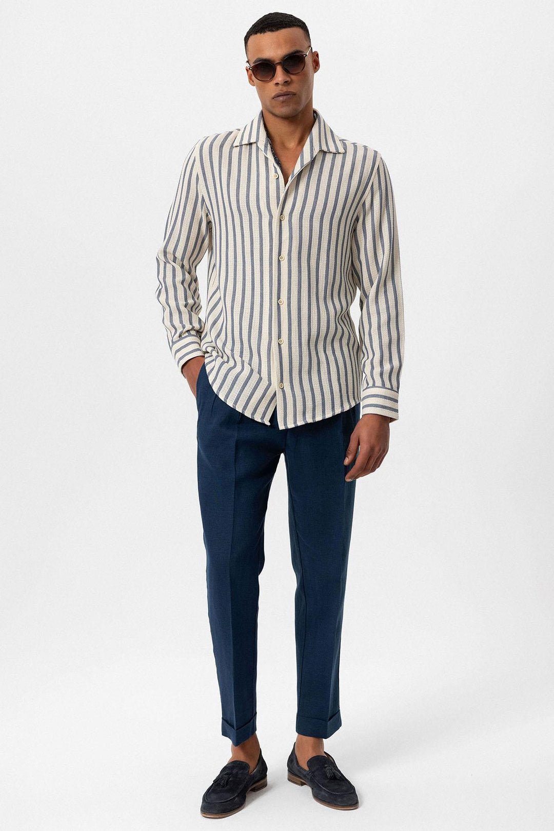 قميص رجالي طويل الأكمام مخطط باللون النيلي - Wessi