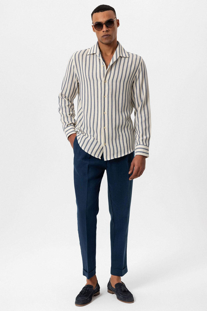 قميص رجالي طويل الأكمام مخطط باللون النيلي - Wessi