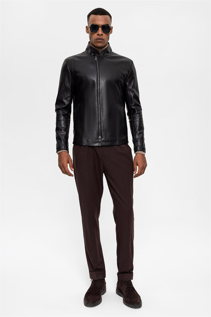 Blouson Cuir Col Montant Noir Homme - Wessi