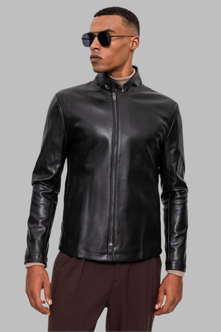 Blouson Cuir Col Montant Noir Homme - Wessi