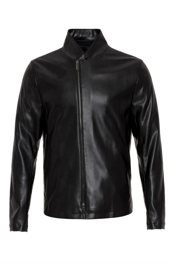 Blouson Cuir Col Montant Noir Homme - Wessi