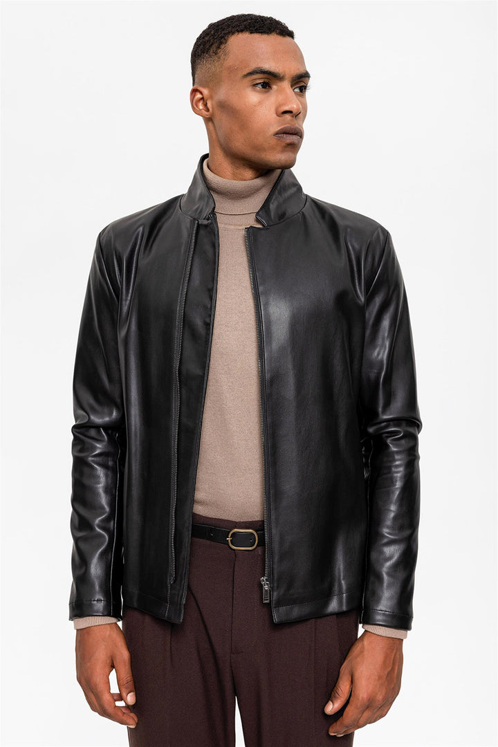 Blouson Cuir Col Montant Noir Homme - Wessi