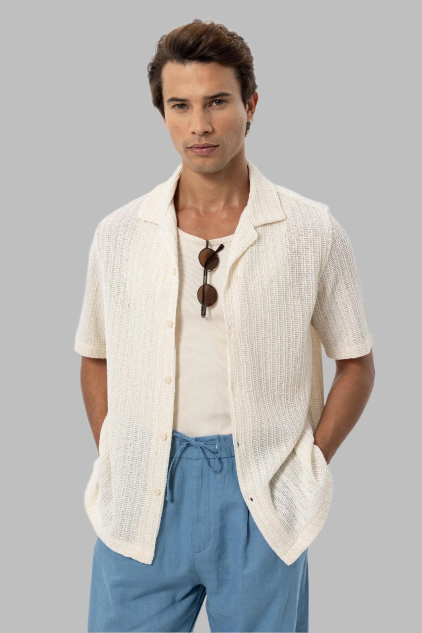 Men's Ecru Textured Crochet Shirt - Wessi