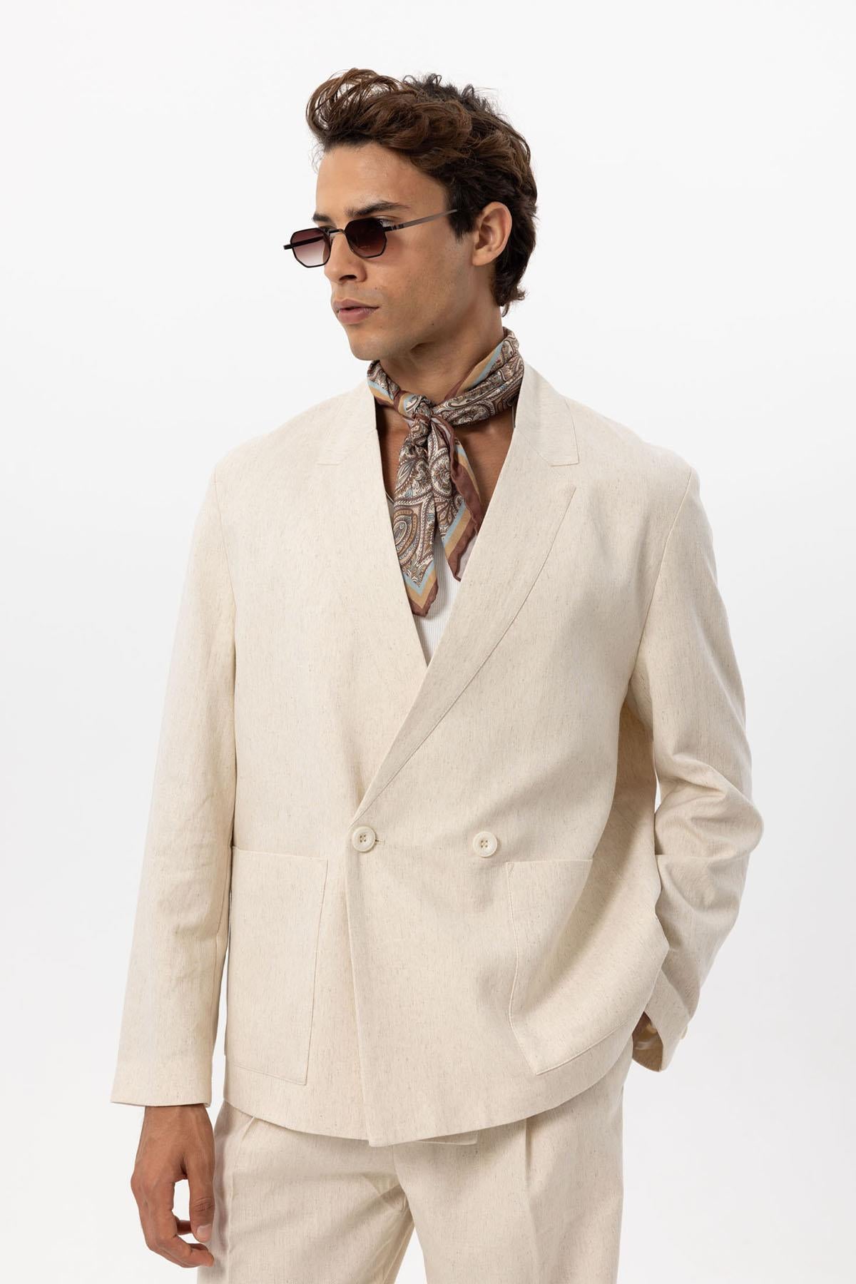最新コレックション Blend Linen Ecru Men's Double-Breasted Wessi - Jacket ジャケット・アウター