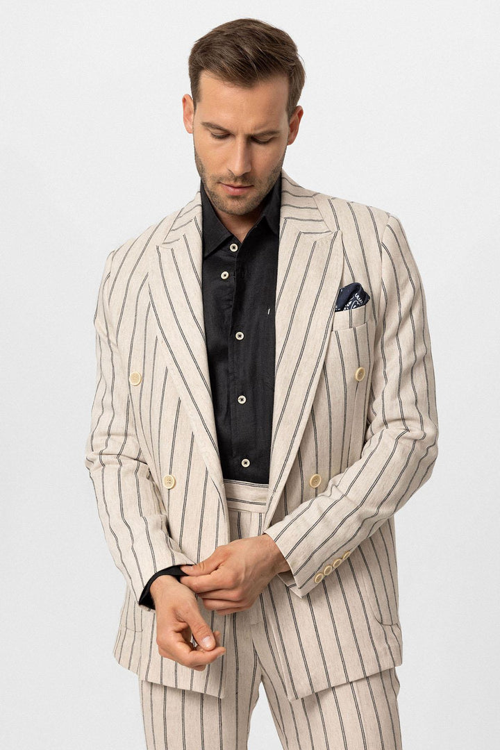 Chaqueta cruzada de hombre en mezcla de lino crudo-negro - Wessi