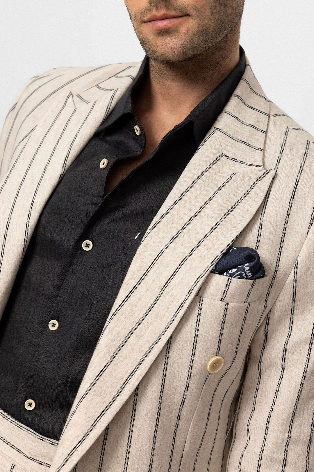 Chaqueta cruzada de hombre en mezcla de lino crudo-negro - Wessi