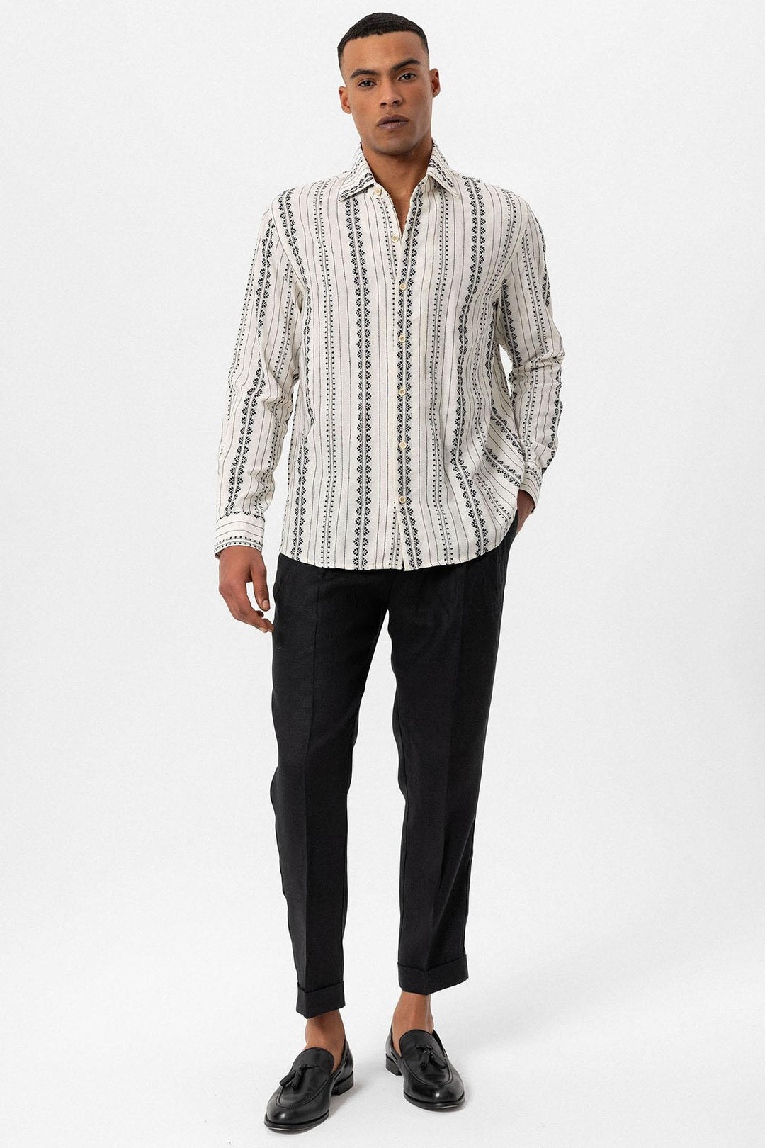 Men's Black Ethnic Design Long Sleeve  Shirt - Wessi