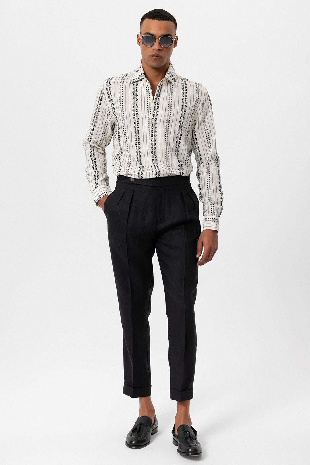 Men's Black Ethnic Design Long Sleeve  Shirt - Wessi