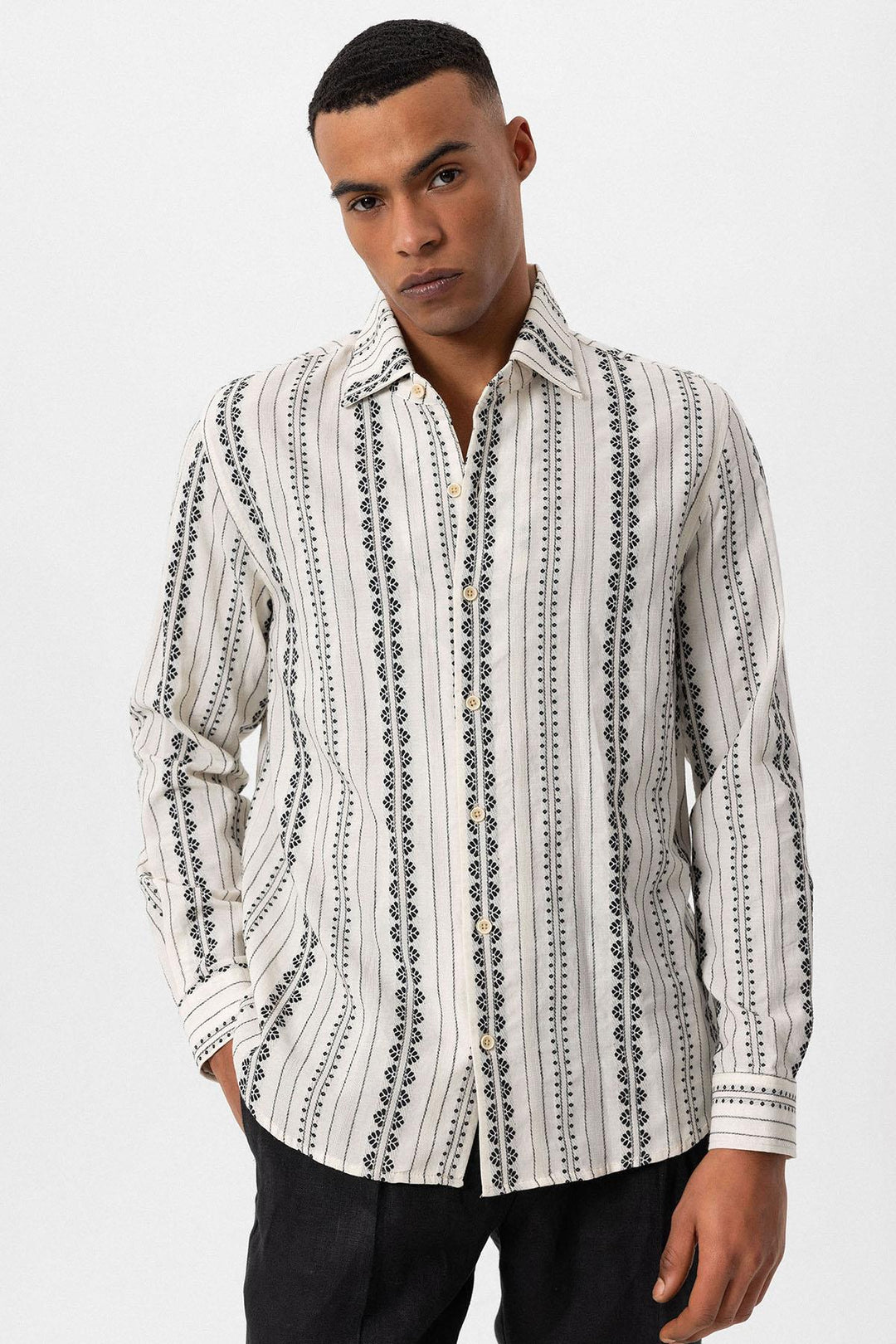 Men's Black Ethnic Design Long Sleeve  Shirt - Wessi