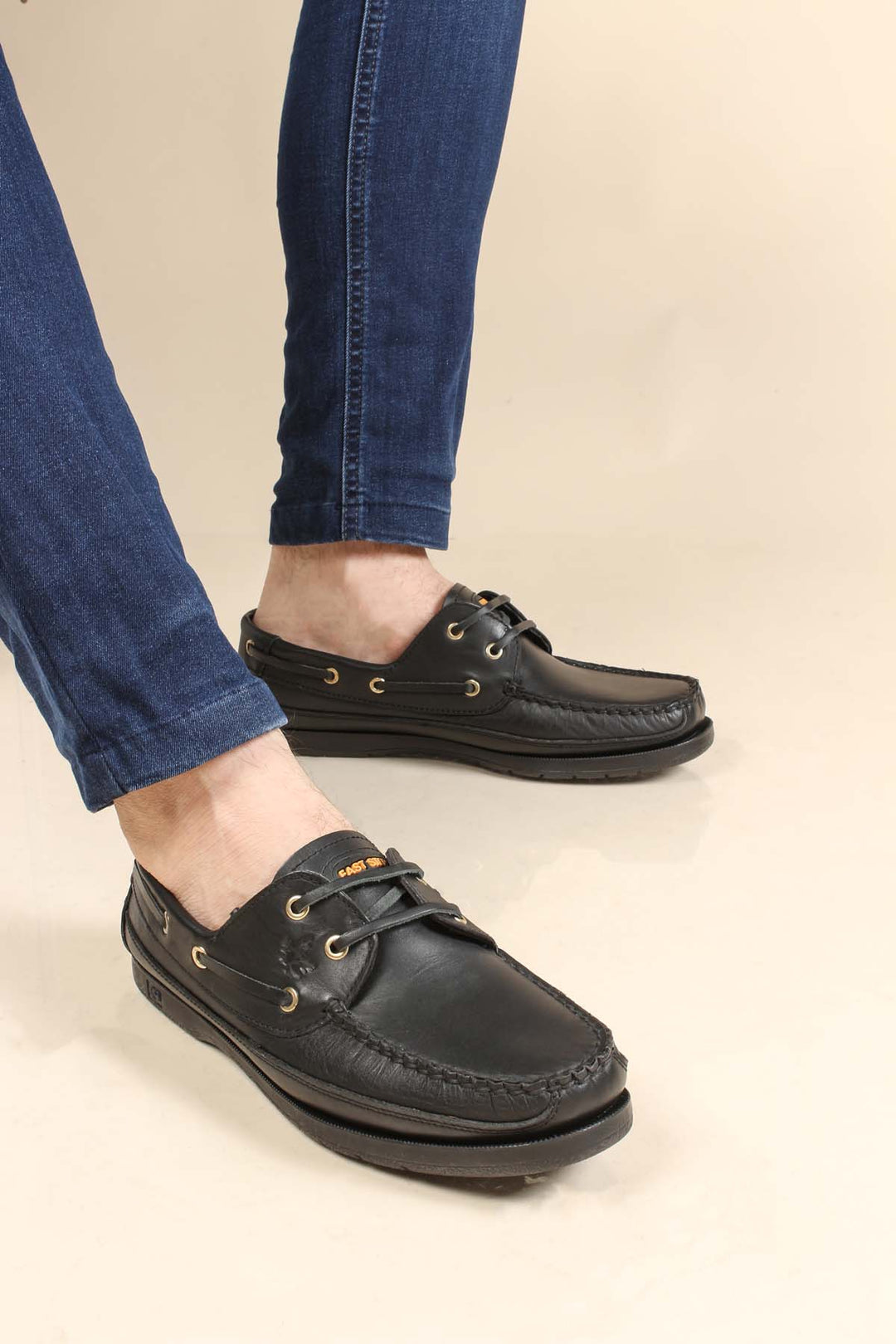 Men's Black Leather Moccasins with Gold Eyelets - Wessi