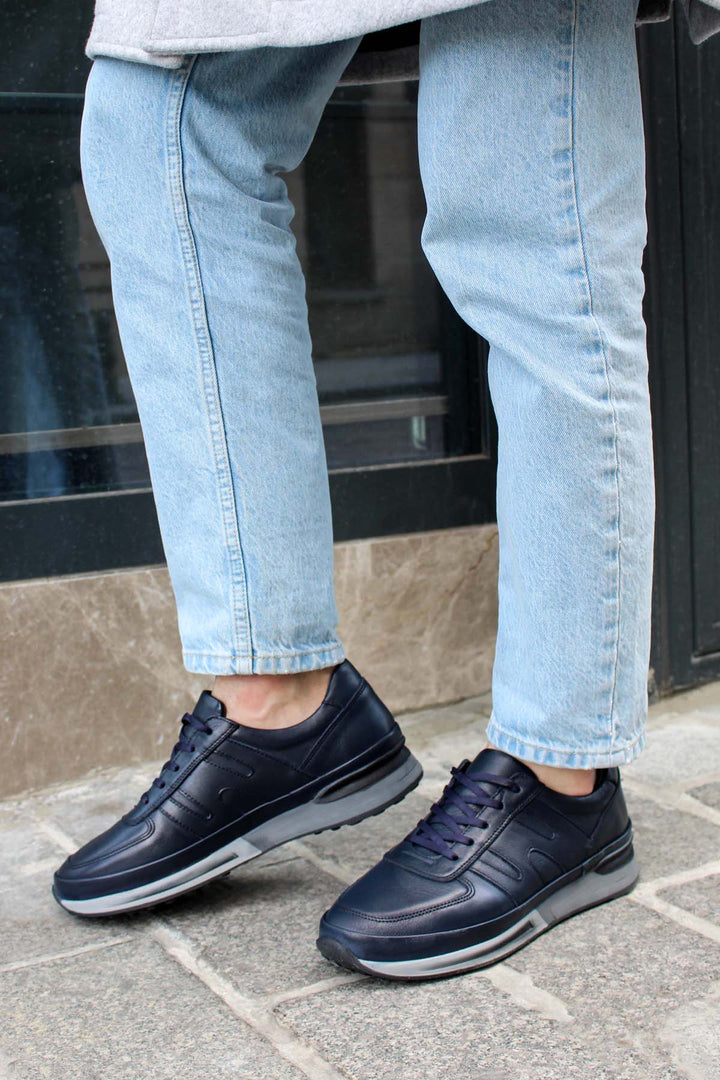 Men's Navy Blue Leather Running Shoes-Wessi