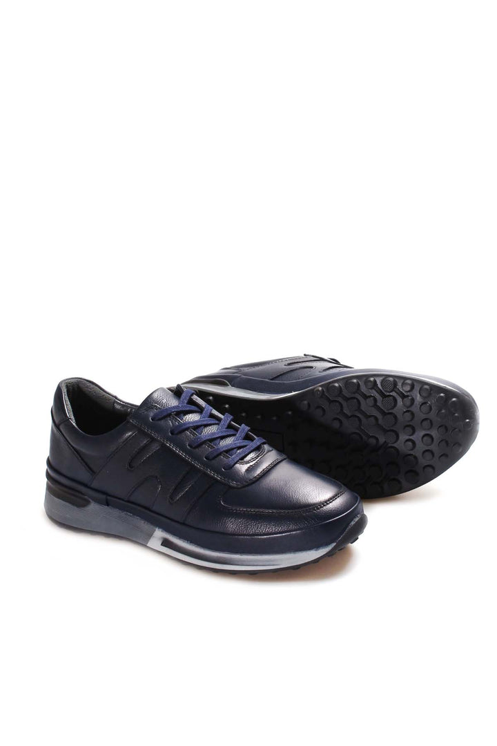 Men's Navy Blue Leather Running Shoes-Wessi