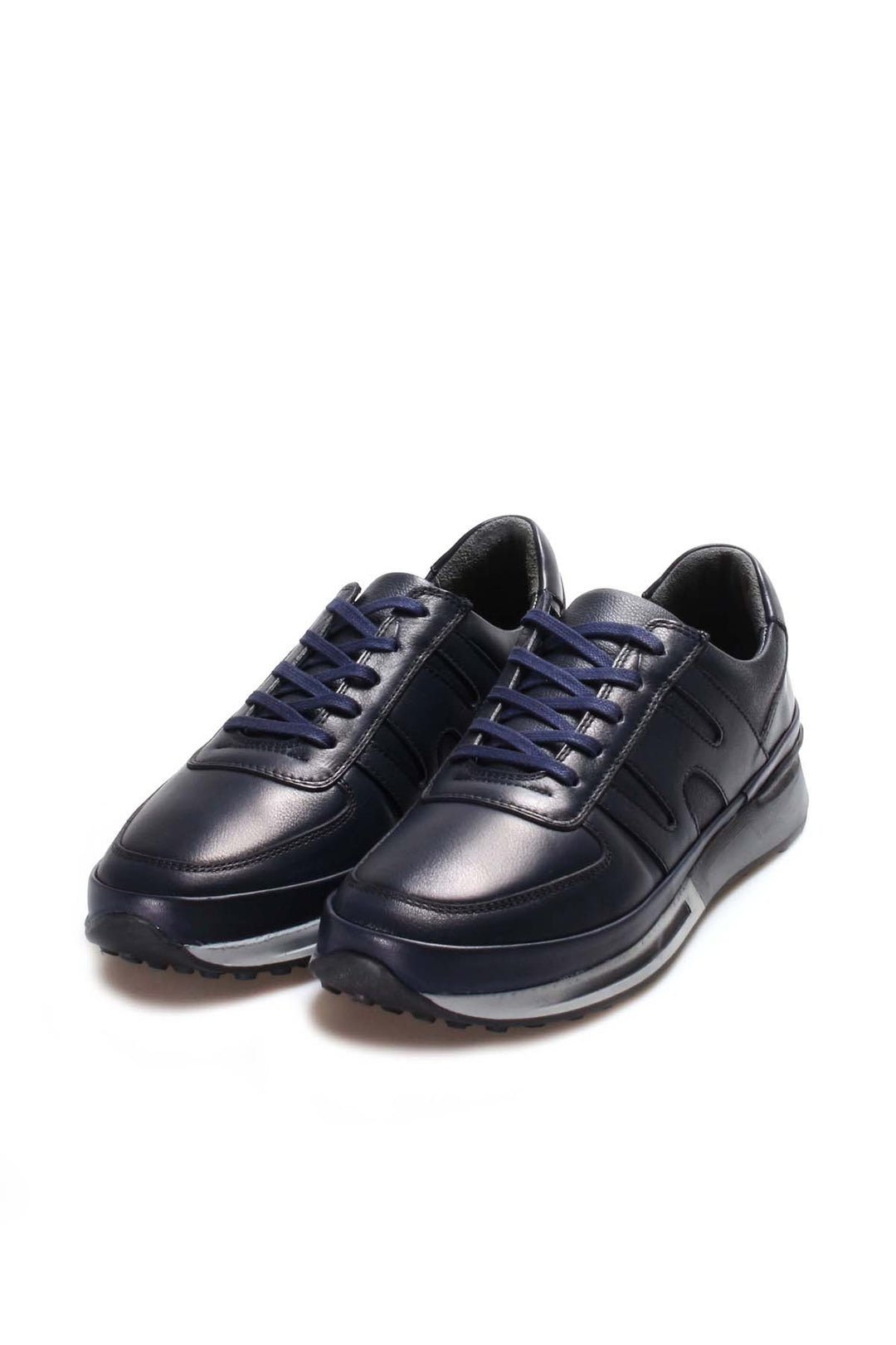 Men's Navy Blue Leather Running Shoes-Wessi