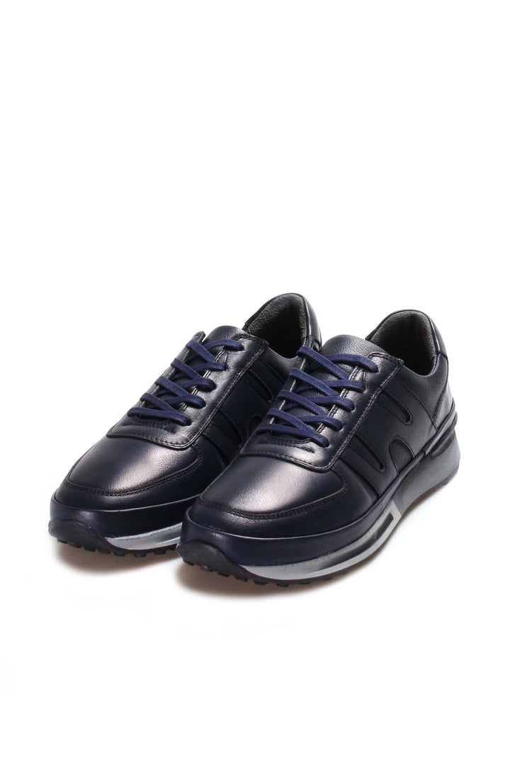 Men's Navy Blue Leather Running Shoes-Wessi