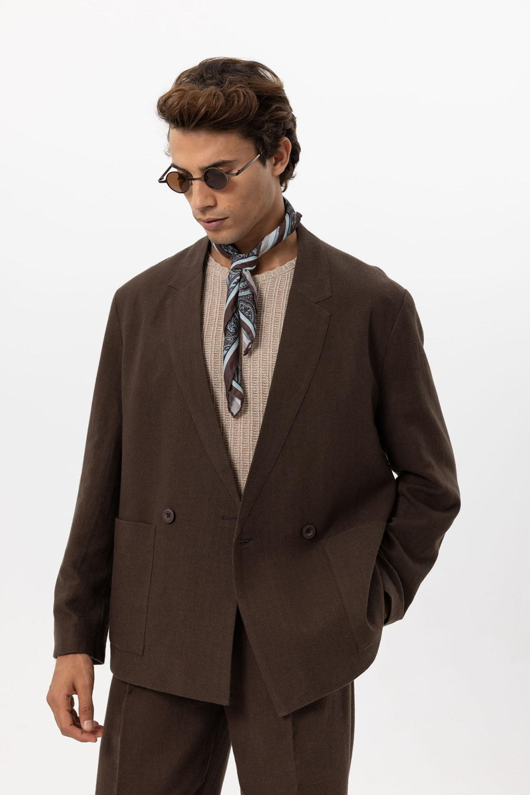 Chaqueta Cruzada De Hombre En Mezcla De Lino Marrón - Wessi