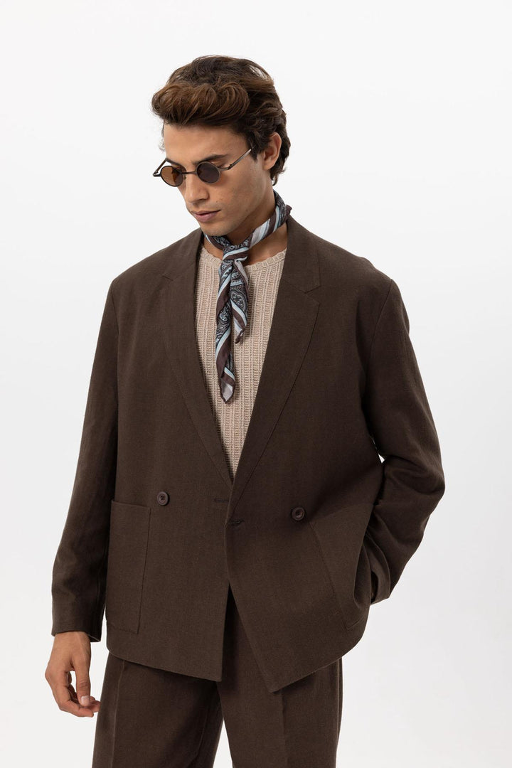 Chaqueta Cruzada De Hombre En Mezcla De Lino Marrón - Wessi