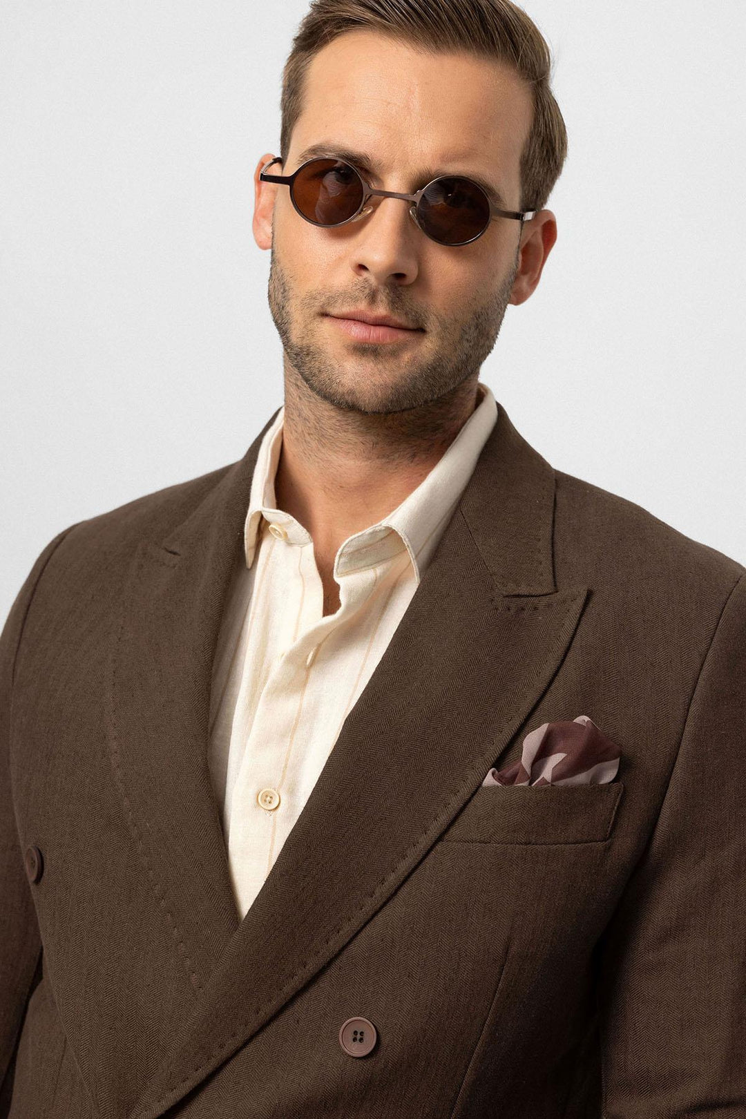 Chaqueta de hombre cruzada en mezcla de lino marrón - Wessi